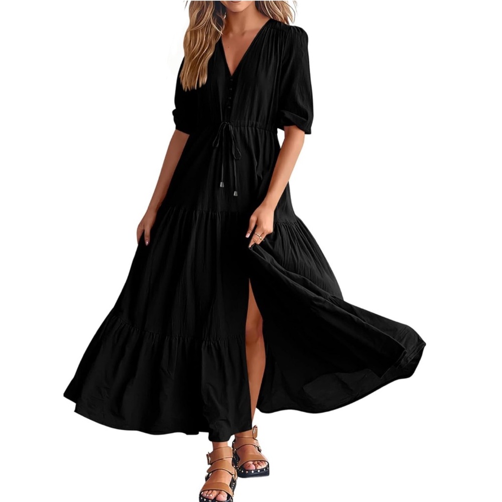 BTFBM Amazon Dress Short Sleeves V Neck Button Drawstring waist black small